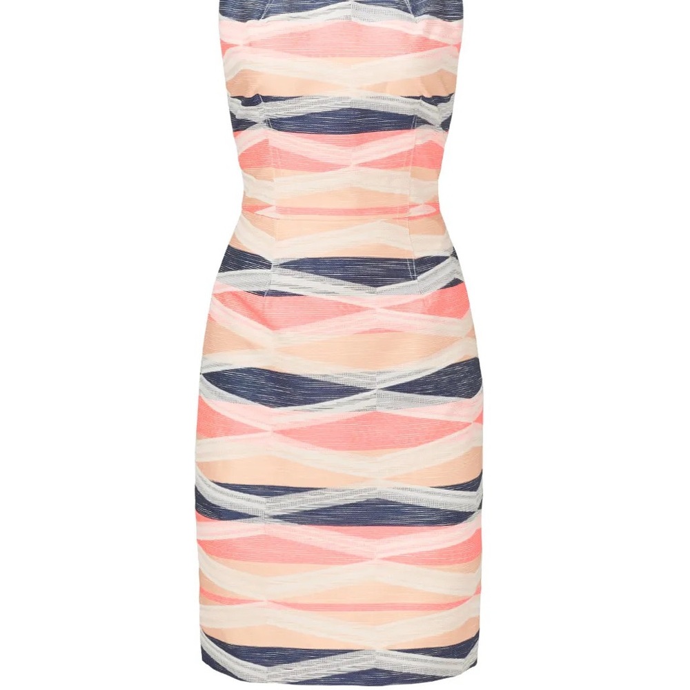 Trina Turk Kurdson Sleeveless Sheath Pink, Navy & Tan Stipe Pattern Dress Sz 12 - Picture 2 of 16